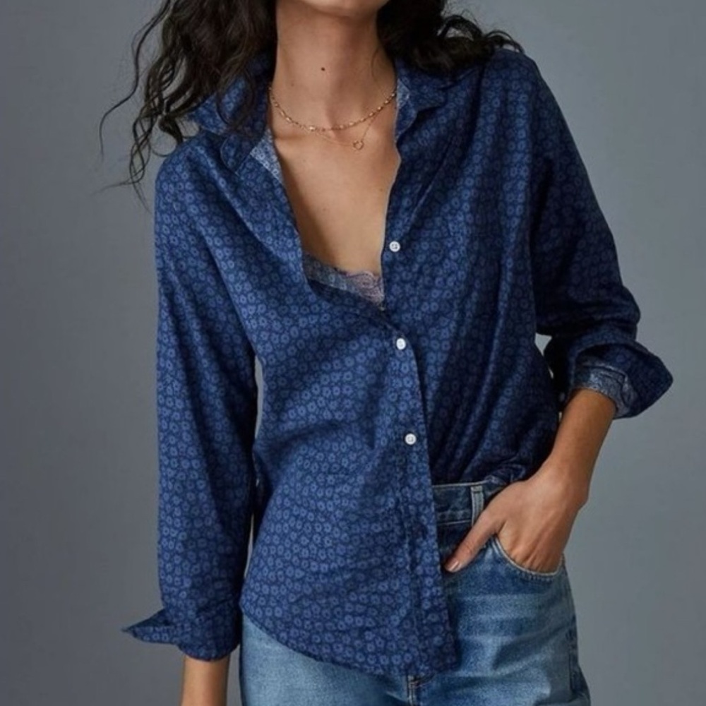 Women's Navy Blue Printed Button-Down Shirt